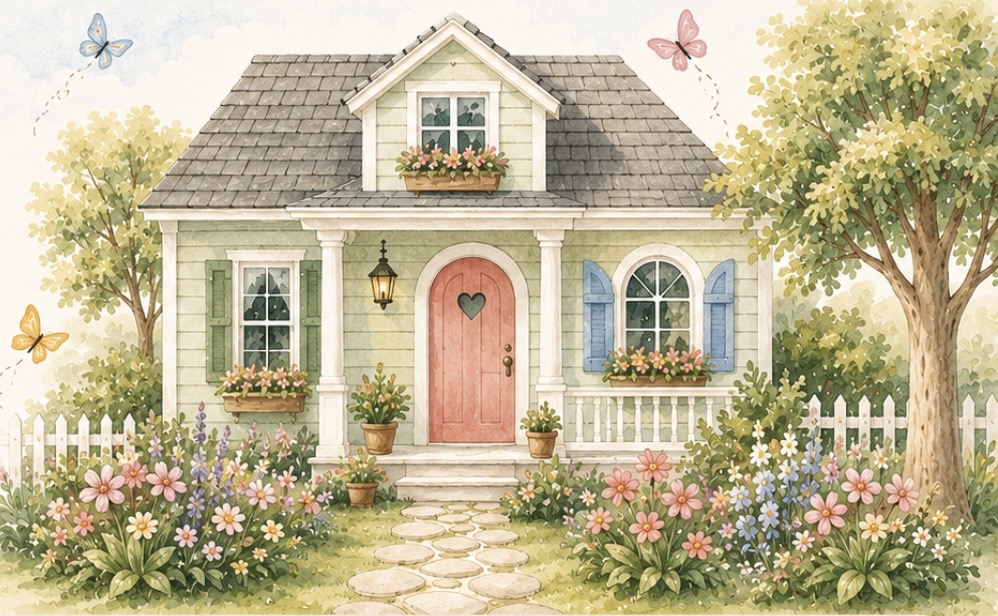 Watercolor cottage with a welcoming coral door, trees, flowers, and a garden path